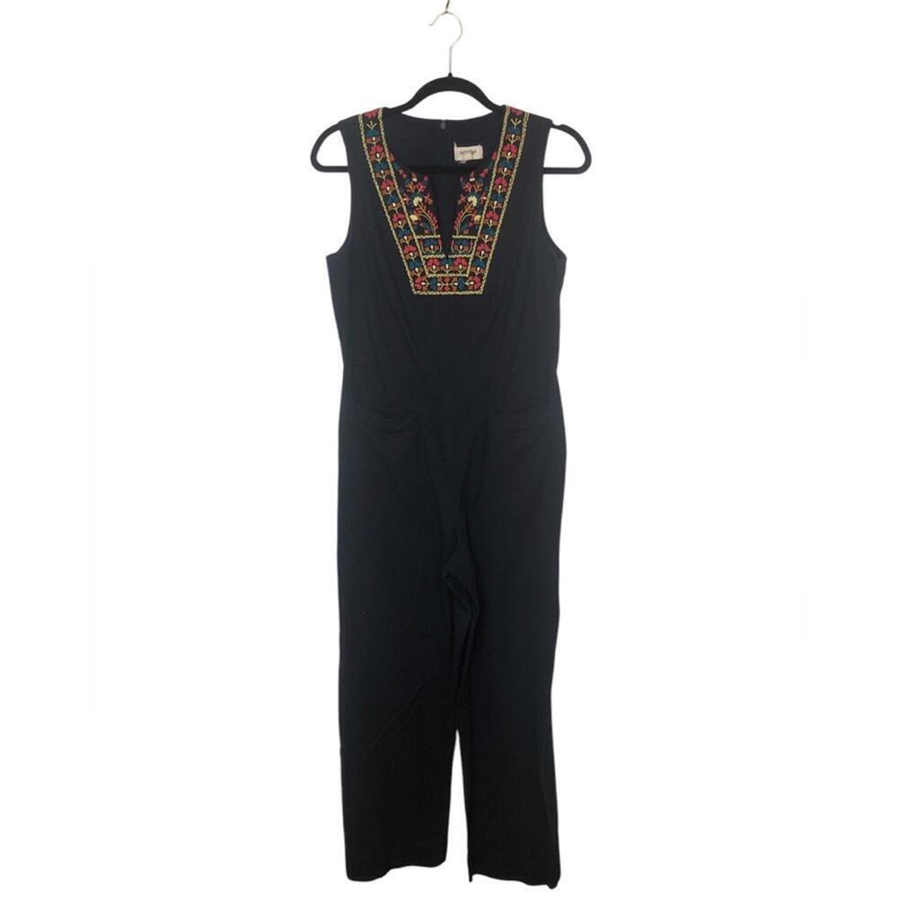 Porridge Clothing Navy V-Neck Jumpsuit Embroidered Detail V Neck Sleeveless